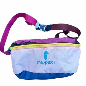 cotopaxi Pink Purple Blue Colorblock Waist Pack with Yellow Zipper